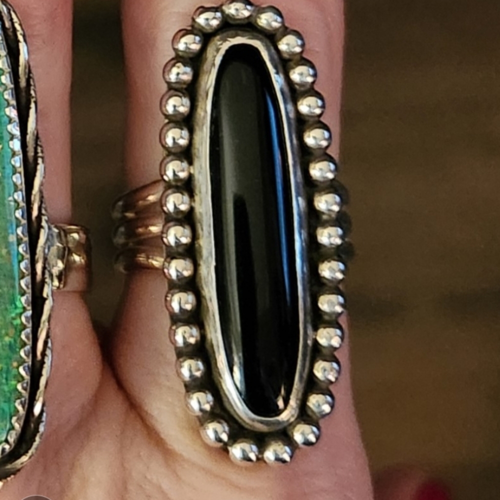 Onyx sterling silver beaded border triple band